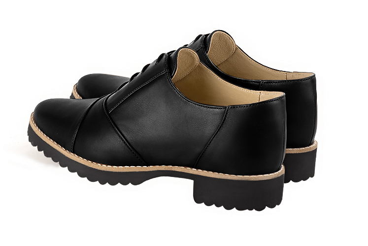 Satin black women's casual lace-up shoes. Round toe. Flat rubber soles. Rear view - Florence KOOIJMAN